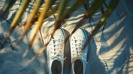 Wall Mural - An image capturing beach shoes cast in the shadow of a palm tree, subtly suggesting a leisurely beach setting