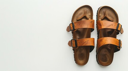 Wall Mural - Casual Men's sandals isolated against a white backdrop, showcasing comfortable men's footwear with ample space for additional text