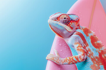 Wall Mural - A chameleon with a surfboard.
Summer minimal concept