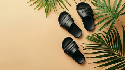 Wall Mural - Summer women's shoes, include black heeled sandals, flat sandals, rubber slippers, and tropical palm leaves set against a beige background, representing trendy female footwear in a flat lay, top view