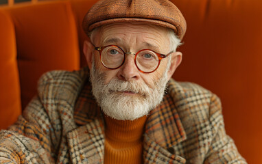 An elderly man wearing glasses and a hat. He has a thoughtful expression on his face