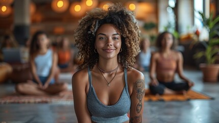 Wall Mural - A woman with a tattoo on her chest sitting in front of other people, AI