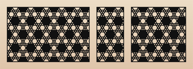 Decorative stencils for laser cut. Vector panels set with abstract geometric pattern, hexagonal lattice, grid. Modern ornament. Template for cnc cutting of wood, metal. Aspect ratio 3:2, 1:2, 1:1