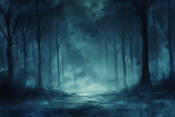 dark forest in the fog. clouds over the forest. Nature night landscape