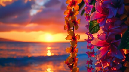 Wall Mural - Tropical sunset with vibrant floral lei