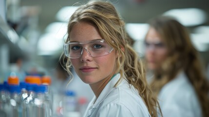 Wall Mural - A woman in lab coat with glasses and hair up standing next to other women, AI