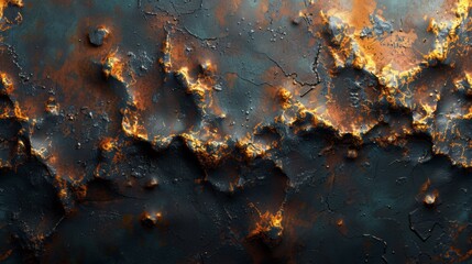 Canvas Print - A close up of a rusty metal surface with orange and yellow flames, AI