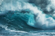 A huge wave in the ocean, a stormy sea with big waves and foam, a nature landscape, an ultra realistic photography in the style of nature