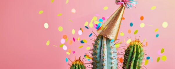 festive cactus with party hat and confetti