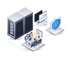 Leinwandbilder - Developer team analyzing cloud server security data, isometric flat 3d illustration infographic