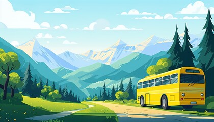 summer Autumn landscape background illustration yellow car trip by yellow bus travel road vacation camping tree forest mountains tourism sightseeing family trip flat illustration