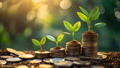 Green plants sprout from coins, symbolizing financial growth and investment in the future