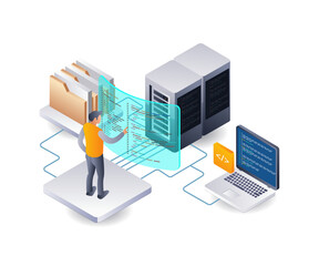 Aufkleber - Developer cloud data server hosting technology infographic illustration 3d flat isometric