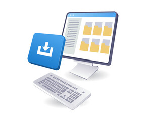 Fototapete - Download upload computer data, infographics 3d flat isometric illustration