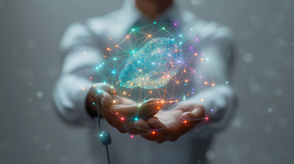 machine learning, hands of robot and human touching on big data network connection intelligence tech
