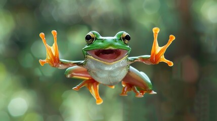 Poster - Flying frog laughing on green leaves. Generative Ai