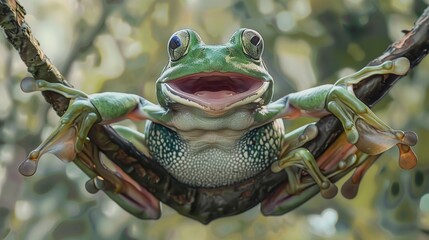 Poster - Flying frog laughing on green leaves. Generative Ai