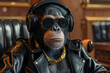Close up of a chimpanzee wearing a black leather jacket, a gold chain around his neck and sunglasses with headphones on his head listening to music