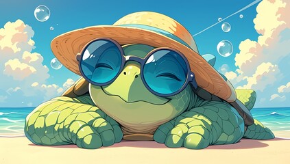 Wall Mural - Turtle wearing sunglasses and a hat lying on the beach, smiling. The turtle is lying on the beach wearing sunglasses and a hat, smiling.