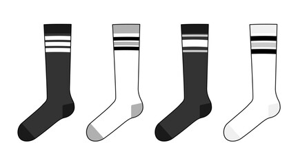 Skater socks set with crew length set. Fashion hosiery accessory clothing technical illustration stocking. Vector front, side view for Men, women, unisex style, flat template CAD mockup sketch outline