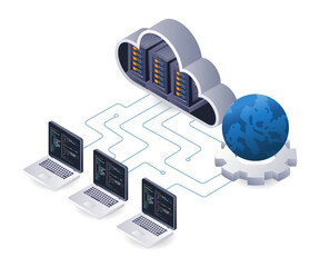 Leinwandbilder - Computer network programmer cloud server technology analyst infographic 3d illustration flat isometric