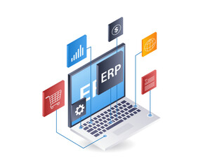 Aufkleber - Computer network ERP business technology, infographic 3d illustration flat isometric