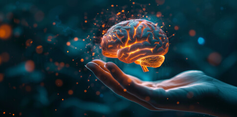 3D human brain hologram floating above the hand, orange glowing lights on it, background blurred, concept of artificial intelligence and neural networks