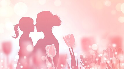 Wall Mural - Mother and Child Silhouette Amidst Blooming Tulips, Embrace of Love - Happy Mother's Day, Abstract Motherhood, Mother's loves, Pink Background With Mother with Kids and Blooming Tulips Flowers 