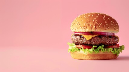 Canvas Print - Cheeseburger with lettuce, tomato, and onion on pink background