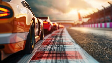 Racing cars at starting line on track during sunset, preparing for competition