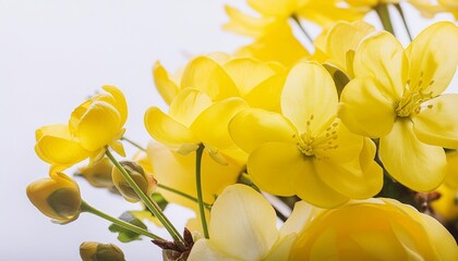Wall Mural - yellow blooming fresh springtime flowers with white background macro