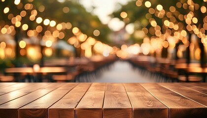 Poster - image of wooden table in front of abstract blurred background of resturant lights high quality photo