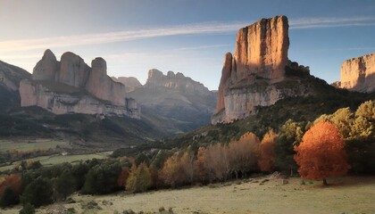 Poster - montanas rocosas espectaculares bosque y valle al atardecer paisaje pirineos escena de penascos y rocas riglos espana aragon paisaje de viaje y aventura