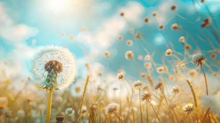 Wall Mural - close-up of dandelion among others in field under blue sky