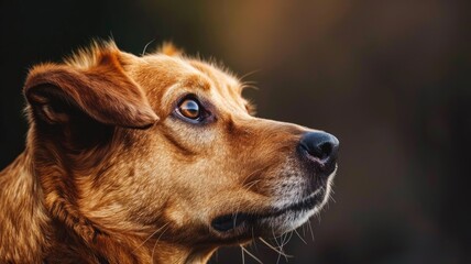 Wall Mural - Close-up of brown dog with attentive gaze against dark background