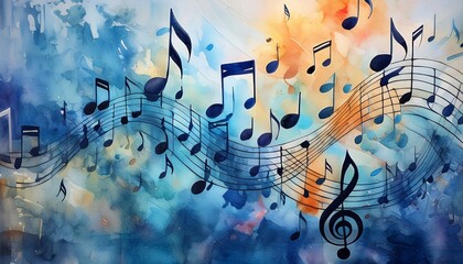 Sticker - a painting of music notes on a blue background perfect for music related designs