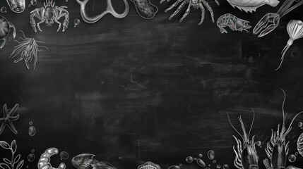 Canvas Print - Seafood icons on a chalkboard background. Fresh and enticing.