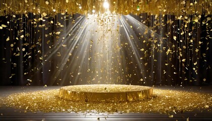 Wall Mural - golden confetti shower cascading onto a festive stage illuminated by a central light beam mockup for events such as award ceremonies jubilees new year s parties or product presentations