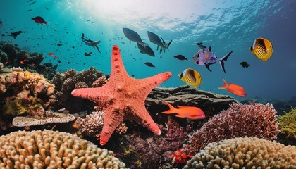 colorful tropical starfish and fish in a coral reef