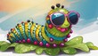 cartoon colorful caterpillar with sunglasses on white background created with generative ai
