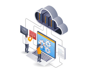 Aufkleber - Cloud server hosting technology developer team, flat isometric 3d illustration infographic