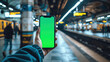 A person holding a green screen phone mockup, template in a train station. The train station is lit up with bright lights, and there are several people walking around.