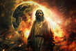 Sad Jesus Christ looking on a global conflicts and nuclear explosions all over the planet
