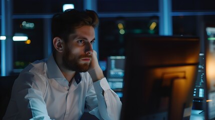 Thinking, developer and man on computer for software, news research and web design programming. Startup, designer and programmer coding in office for cybersecurity digital network and problem solving