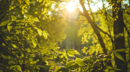 Canvas Print - Scenic forest of fresh green deciduous trees framed by leaves, with the sun casting its warm rays through the foliage