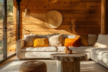 Beige sofa with pillows beige and orange in a living room of a modern cabin. Minimal and modern boho rustic interior design