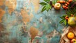 World map on rustic surface with fresh fruits and leaves at top corner