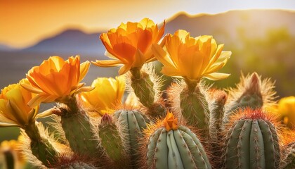 Wall Mural - array of cactus plants with bright orange and yellow flowers on a vivid orange background