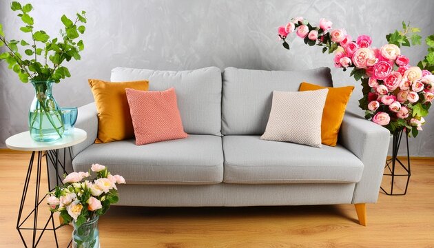 soft gray fabric sofa with cushions and floral decor