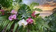 tropical vibes plant bush floral arrangement with tropical leaves monstera and fern and vanda orchids tropical flower decor on tree branch liana vine plant